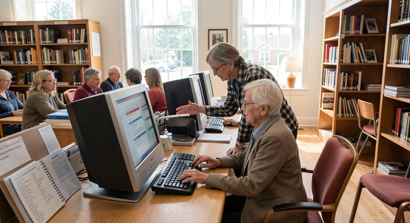 A librarian helping an older patron at a public computer in a bright library reading room.