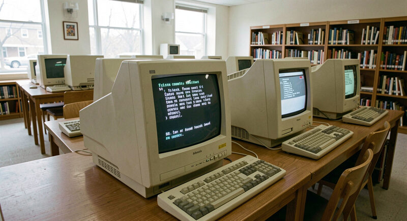 A row of beige CRT terminals on long library tables, one screen glowing with a text menu, 1990s community computer room.